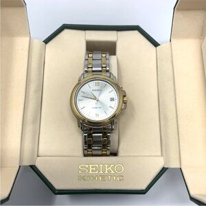 Vintage Seiko Kinetic Mens Watch SKH640 90’s Stainless TwoTone Silver Gold Color